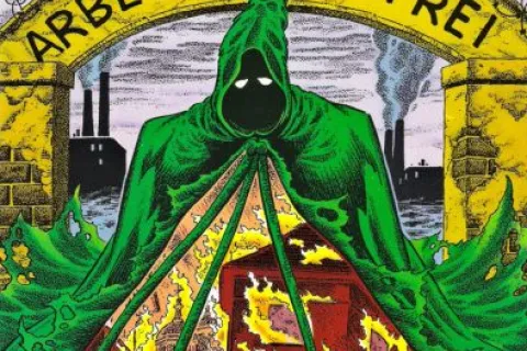 Εξώφυλλο του Ragman #3, με τον ήρωα μπροστά στην πύλη με την επιγραφή «ARBEIT MACHT FREI»